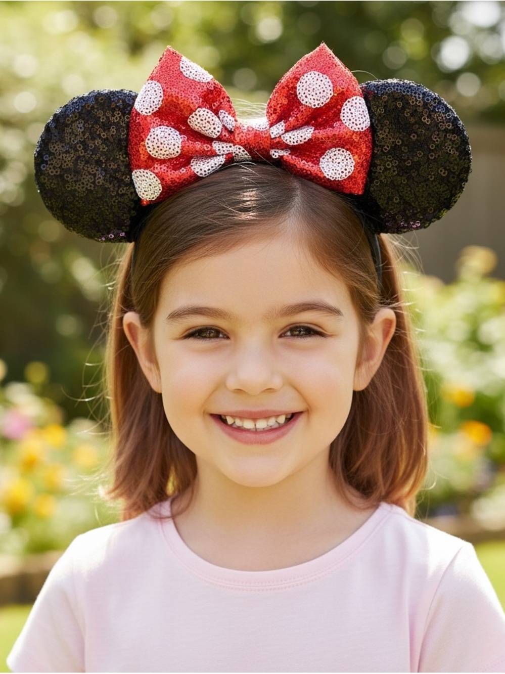Kids Sequin Minnie Mouse Ears Headband - Red Bow, Black Ears